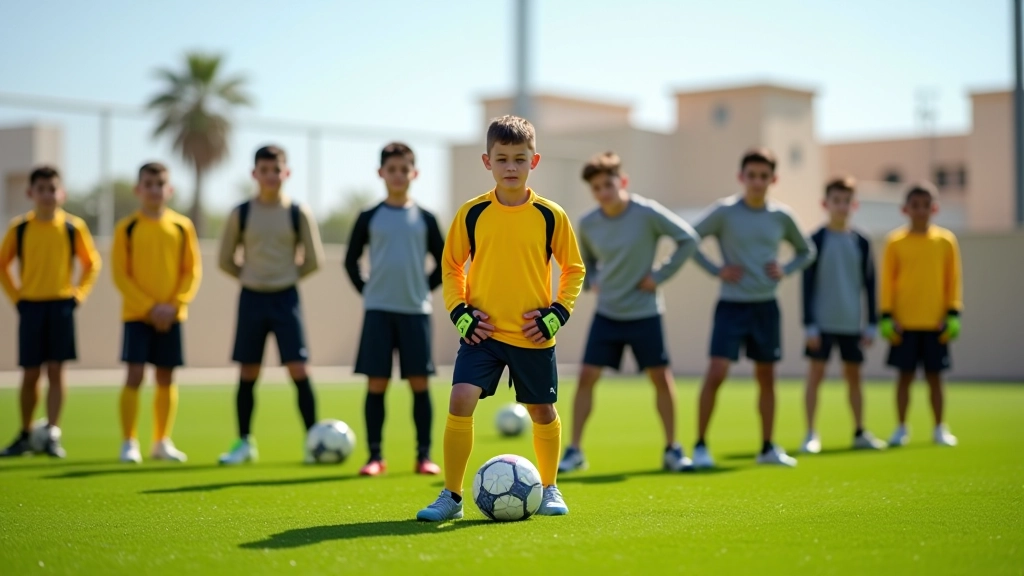 مجموعة من حراس المرمى بأعمار مختلفة يتدربون على تقنيات التصدي في أكاديمية متخصصة